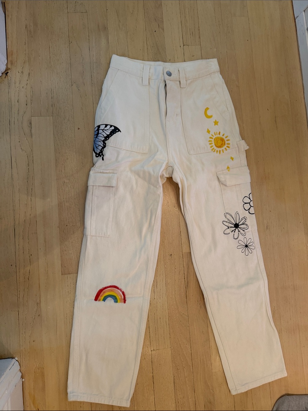 PacSun Cream High Rise Carpenter Pants with Colorful Motifs